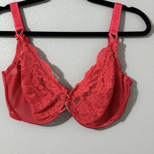 Vintage Bra Size 40D Red Unlined Underwire USA Union Made Sheer Mesh‎ Lace Pinup